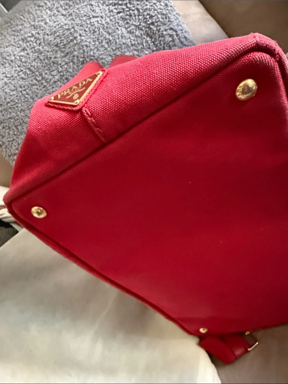 Prada Canapa Pink-Red Canvas Tote with Gold Hardware - Picture 7 of 16
